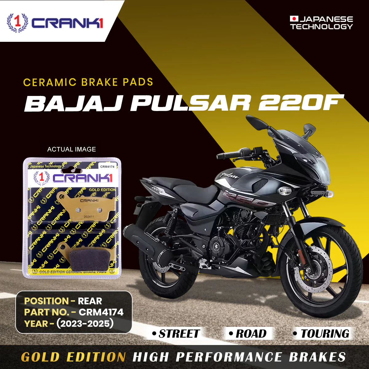 CRANK1 Ceramic Rear Brake Pads CRM4174 for Bajaj Pulsar 220F 2023–2025 HH Rated Motorcycle Brake Pads 1 Set