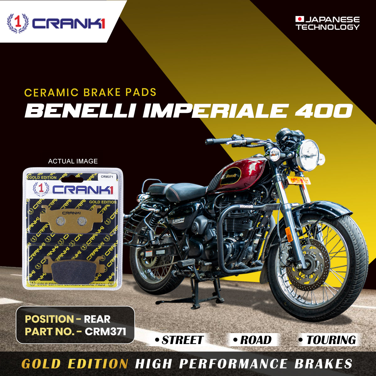 CRANK1 Ceramic Rear Brake Pads CRM371 for Benelli Imperiale 400 HH Rated Motorcycle Disc Brake Pads
