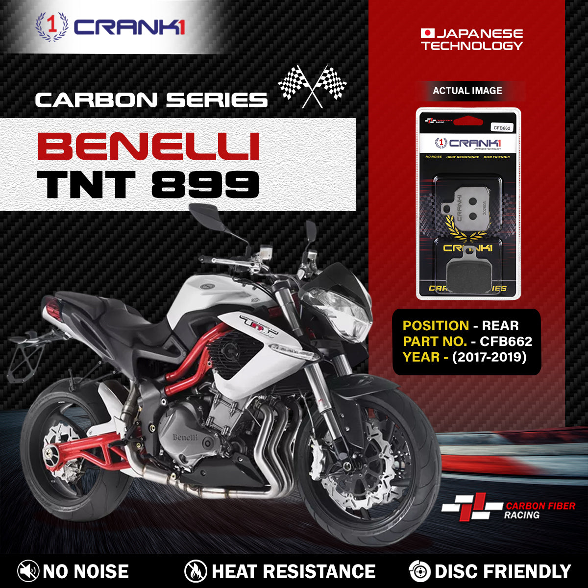 CRANK1 CFB662 carbon rear brake pads for Benelli TNT 899 2017-2019