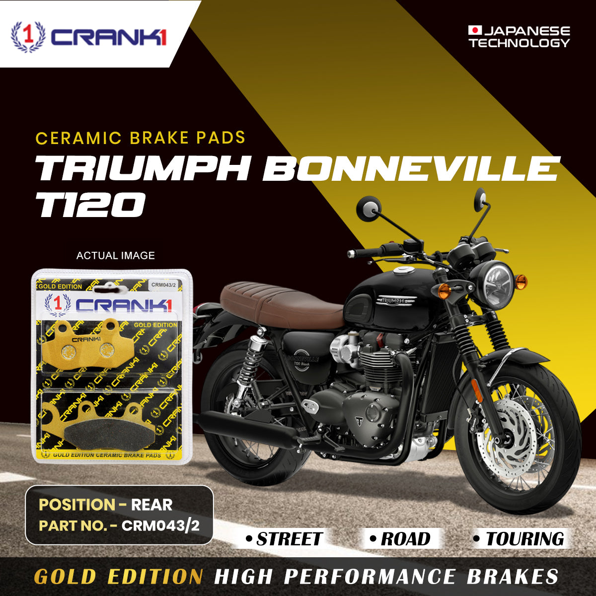 CRANK1 Ceramic Rear Brake Pads for Triumph Bonneville T120 | HH Rated High Performance Disc Brake Pads | CRM043/2