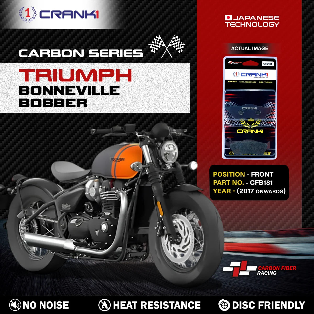 CRANK1 CFB181 carbon front brake pads for Triumph Bonneville Bobber 2017 onwards
