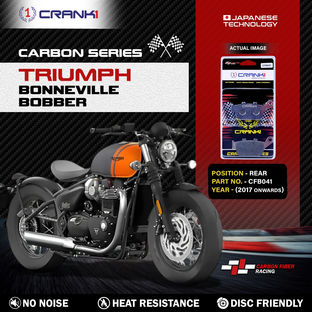 CRANK1 CFB041 carbon rear brake pads for Triumph Bonneville Bobber 2017 onwards