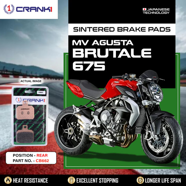 CRANK1 CB662 sintered rear brake pads for MV Agusta Brutale 675 high-performance motorcycle braking upgrade.