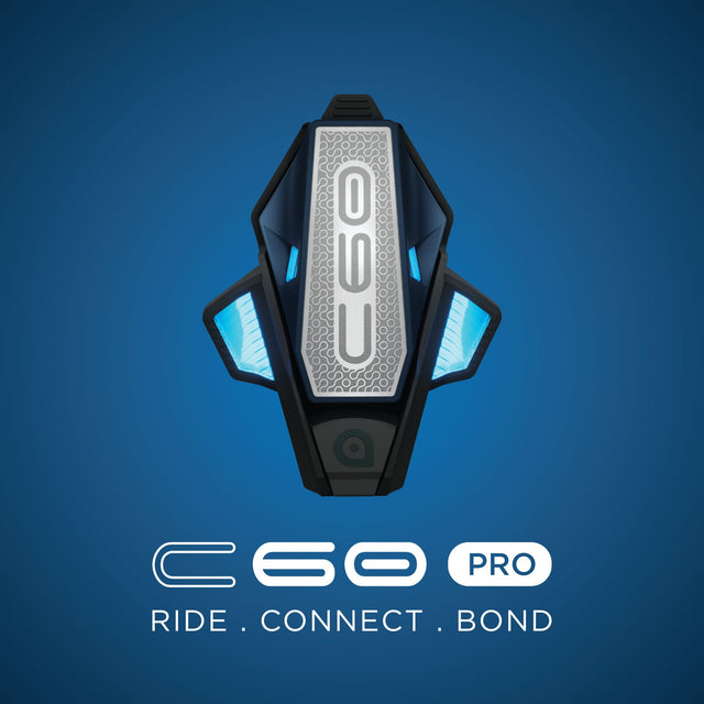 BluArmor C60 Pro Apex motorcycle mesh intercom installed on helmet for rider communication, GPS navigation and group riding support