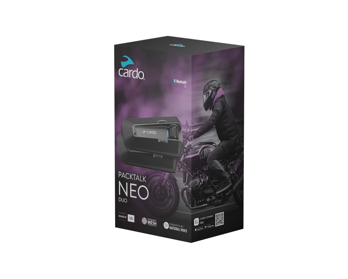 Cardo PACKTALK NEO DUO Set of 2 motorcycle Bluetooth intercom with JBL 40mm speakers, clickable mounting system and waterproof design.

