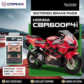 CRANK1 CB692 sintered front brake pads for Honda CBR600F4i (2001-2006) high-performance motorcycle braking upgrade.