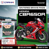CRANK1 CB694 Sintered Rear Brake Pads installed for Honda CBR650R (2019-2020) high-performance motorcycle braking upgrade.