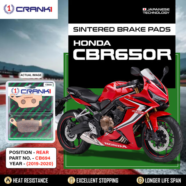 CRANK1 CB694 Sintered Rear Brake Pads installed for Honda CBR650R (2019-2020) high-performance motorcycle braking upgrade.
