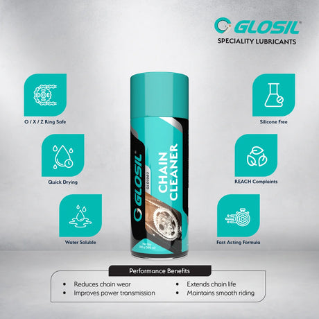 Glosil Bike Chain Cleaner Spray for motorcycles, available in 140ml and 500ml
