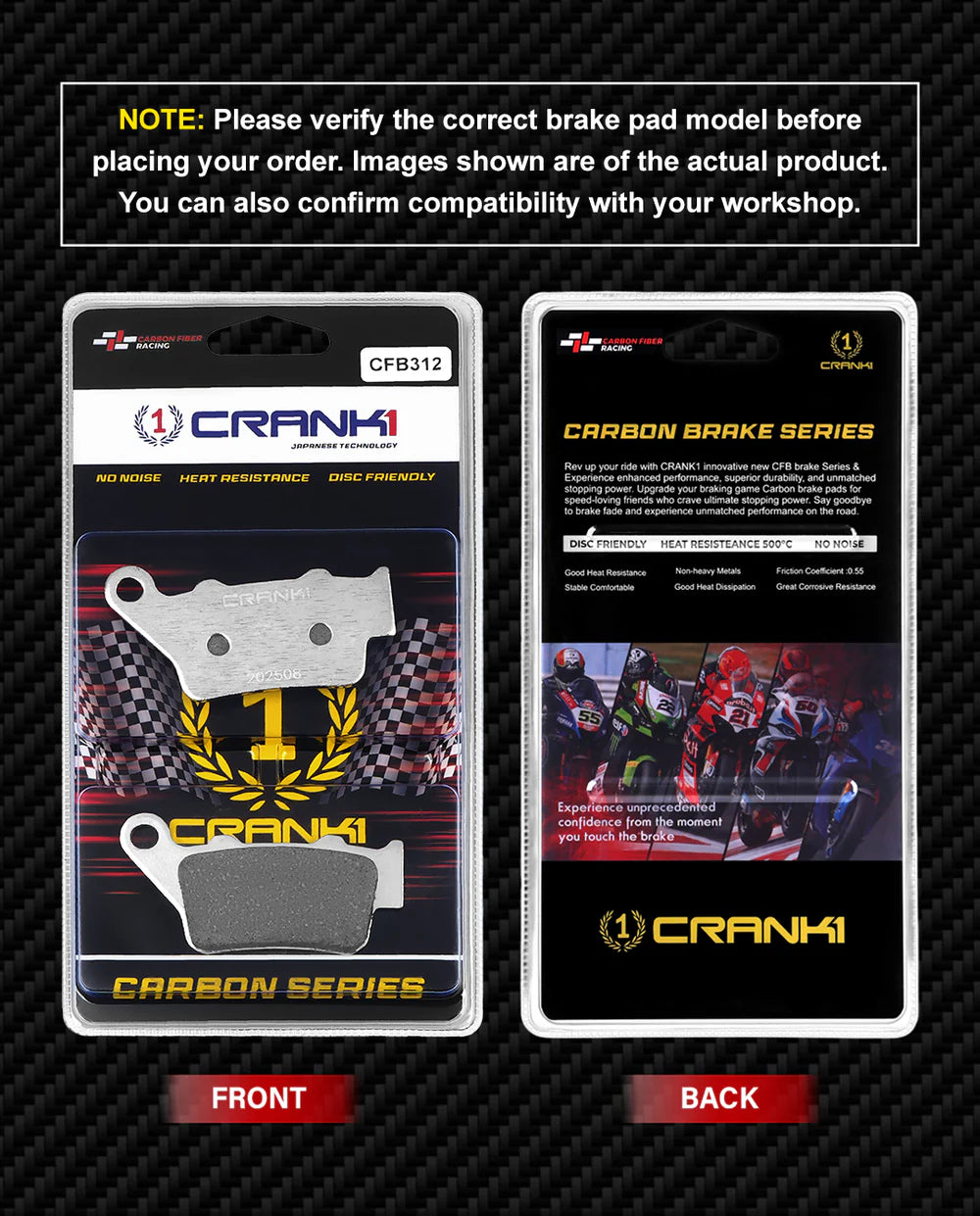 CRANK1 Carbon Rear Brake Pads for BMW Touring Motorcycles Premium Carbon Kevlar Brake Pads High Performance Motorcycle Brake Pads