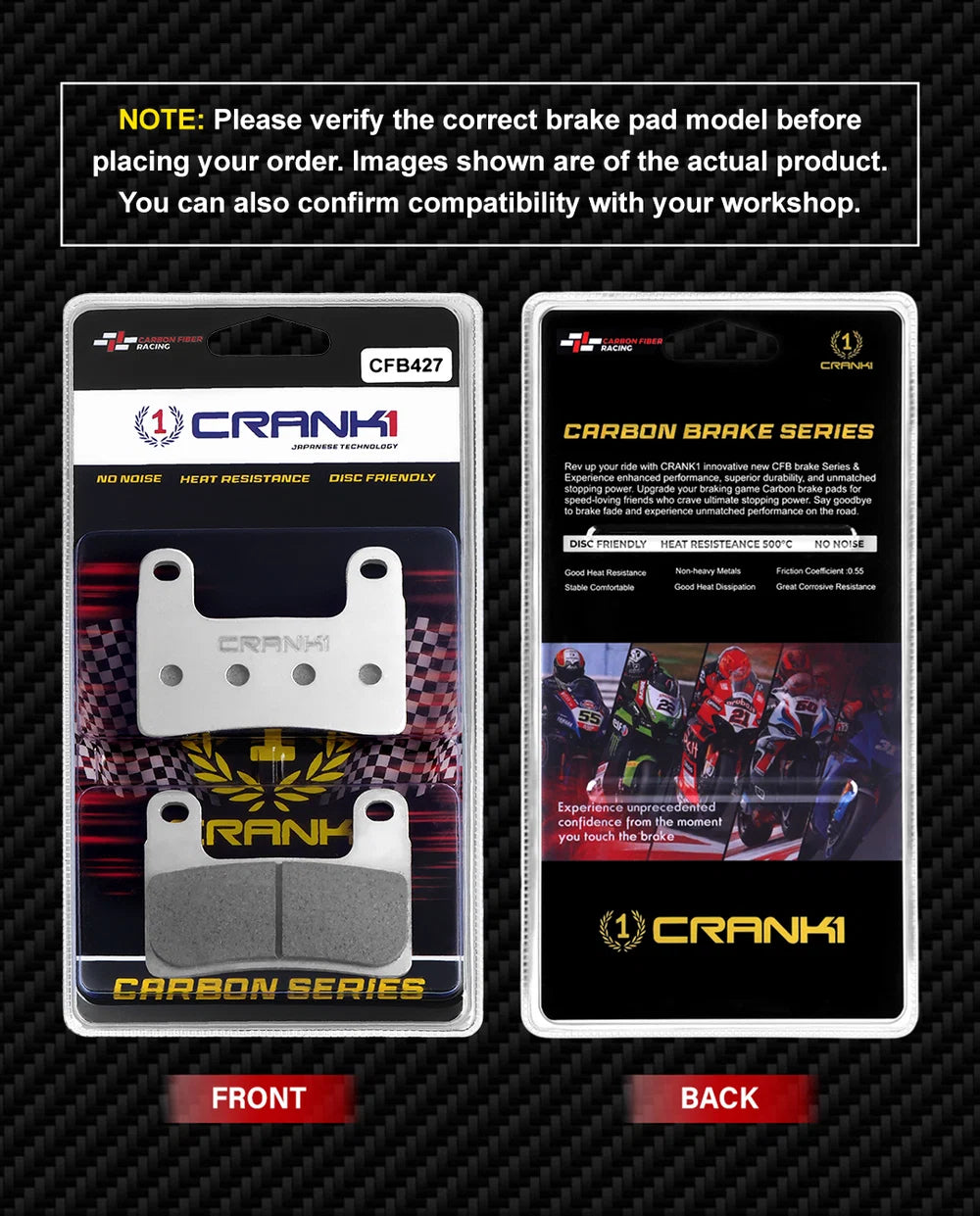 CRANK1 Carbon Brake Pads CFB427 Front for BMW S1000RR 2016-2018