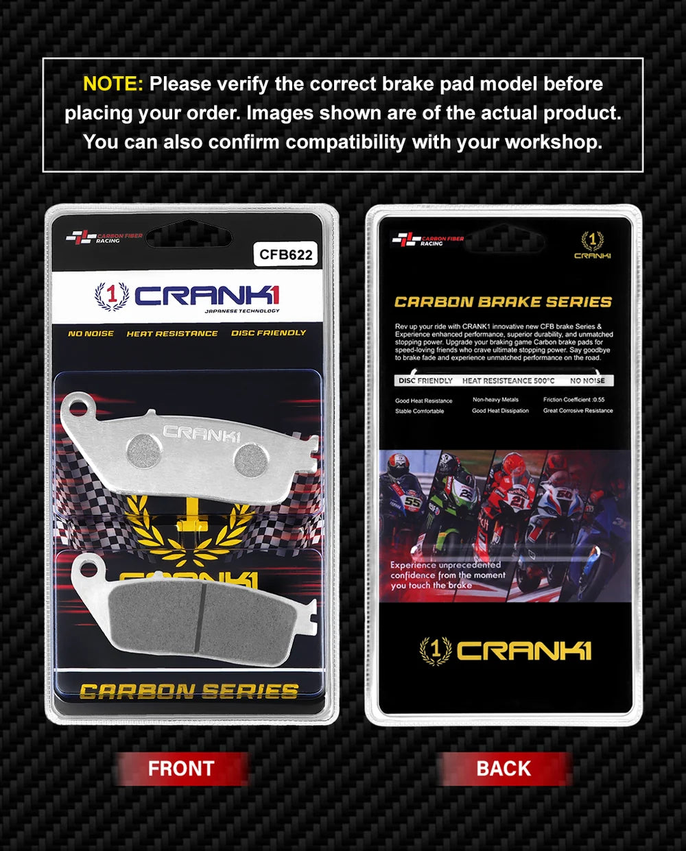 CRANK1 Carbon Front Brake Pads CFB622 for Triumph Street Triple 765S 2017–2020 Performance Motorcycle Brake Pads