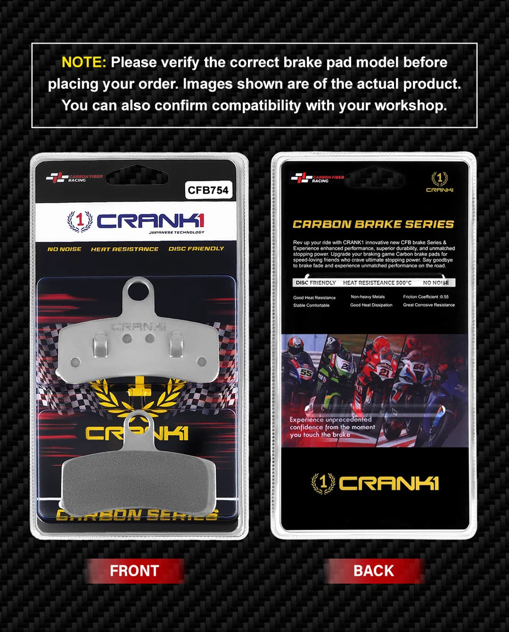 CRANK1 CFB754 carbon front brake pads for Harley-Davidson Heritage Softail Classic 2004-2014