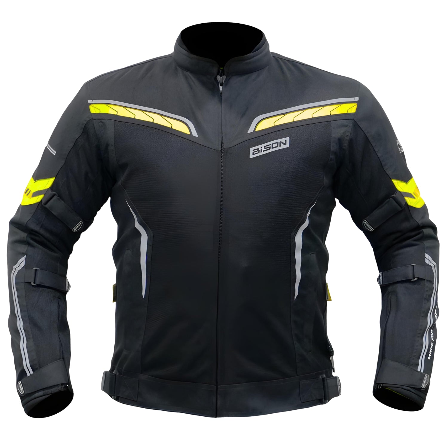 Bison ProGear Clavis Black Neon three-layer motorcycle riding jacket front view
