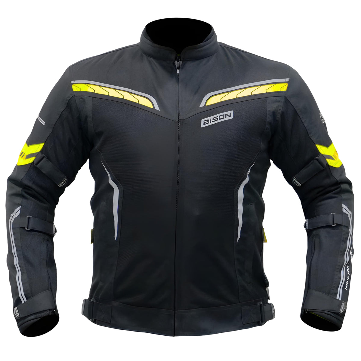 Bison ProGear Clavis Black Neon three-layer motorcycle riding jacket front view