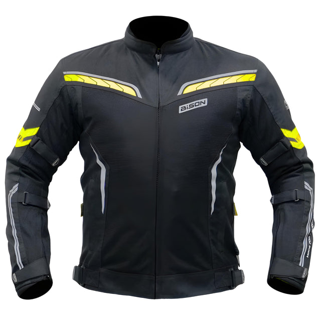 Bison ProGear Clavis Black Neon three-layer motorcycle riding jacket front view