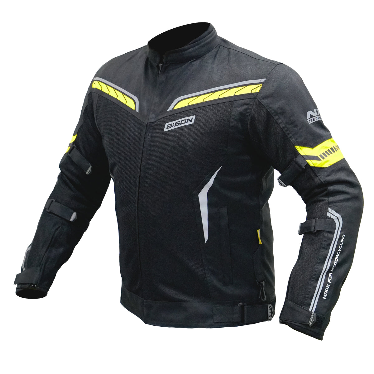 Bison ProGear Clavis Black Neon three-layer motorcycle riding jacket front view