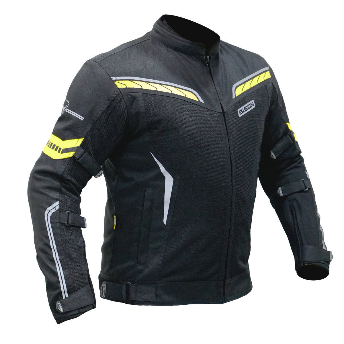 Bison ProGear Clavis Black Neon three-layer motorcycle riding jacket front view