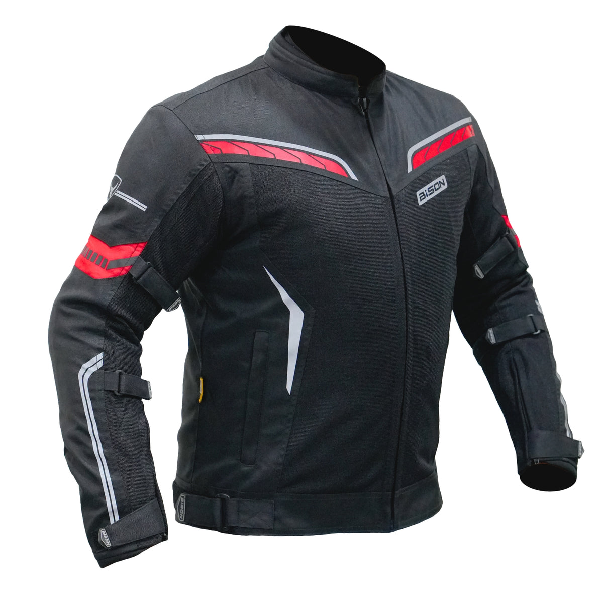 Bison ProGear CLAVIS black red motorcycle riding jacket front view

