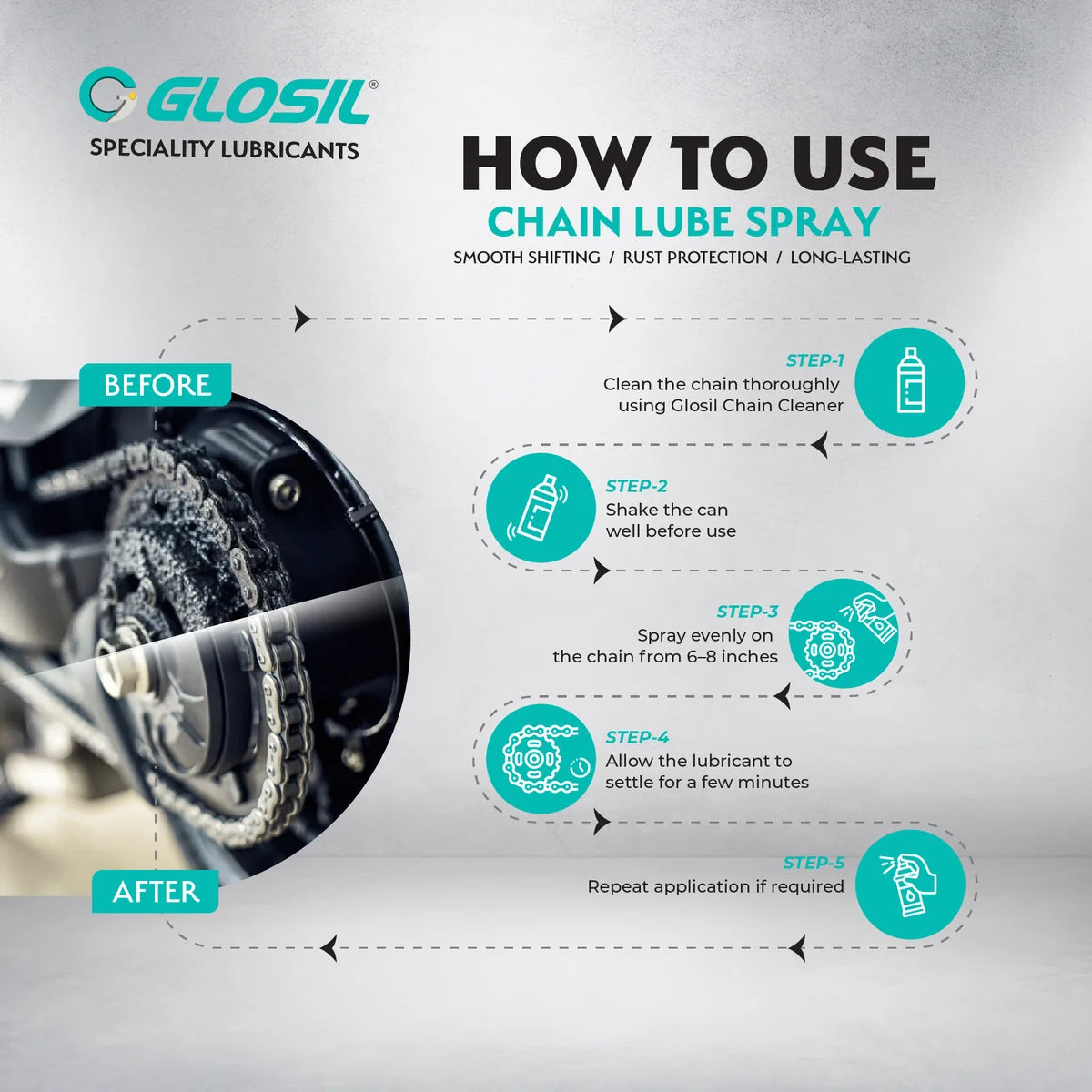 Glosil Bike Chain Lube Spray motorcycle chain lubricant available in 150ml and 500ml
