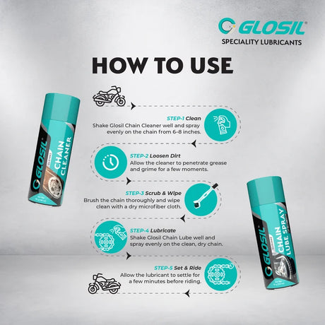 Glosil motorcycle chain cleaner 140ml and chain lube 150ml combo pack
