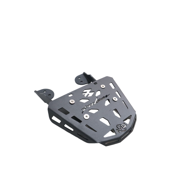 MotoCare CNC Plate Carrier installed on Bajaj Pulsar NS400Z showing underbody protection guard and premium CNC finish