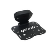MotoCare CNC carrier plate with integrated backrest installed on Yezdi Adventure motorcycle showing luggage rack and pillion comfort support system