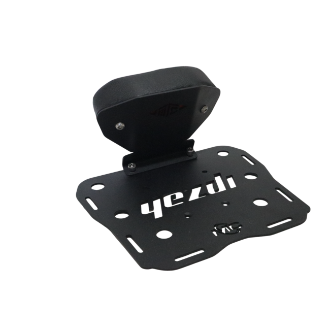 MotoCare CNC carrier plate with integrated backrest installed on Yezdi Adventure motorcycle showing luggage rack and pillion comfort support system