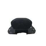 MotoCare CNC carrier plate with integrated backrest installed on Yezdi Adventure motorcycle showing luggage rack and pillion comfort support system