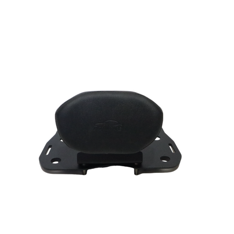 MotoCare CNC carrier plate with integrated backrest installed on Yezdi Adventure motorcycle showing luggage rack and pillion comfort support system