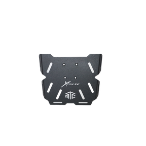 MotoCare CNC carrier plate installed on Hero Xpulse motorcycle rear rack for secure luggage mounting during touring rides