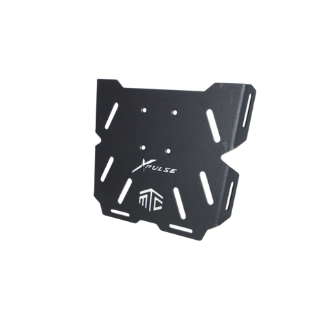 MotoCare CNC carrier plate installed on Hero Xpulse motorcycle rear rack for secure luggage mounting during touring rides