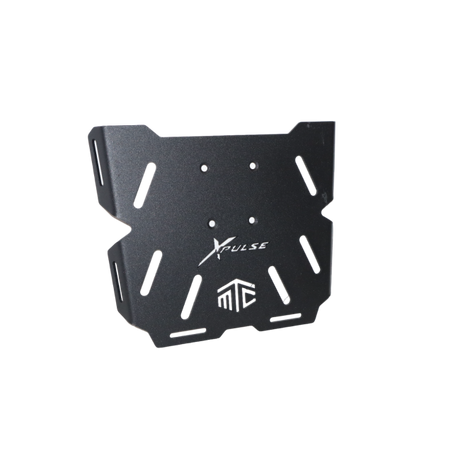 MotoCare CNC carrier plate installed on Hero Xpulse motorcycle rear rack for secure luggage mounting during touring rides