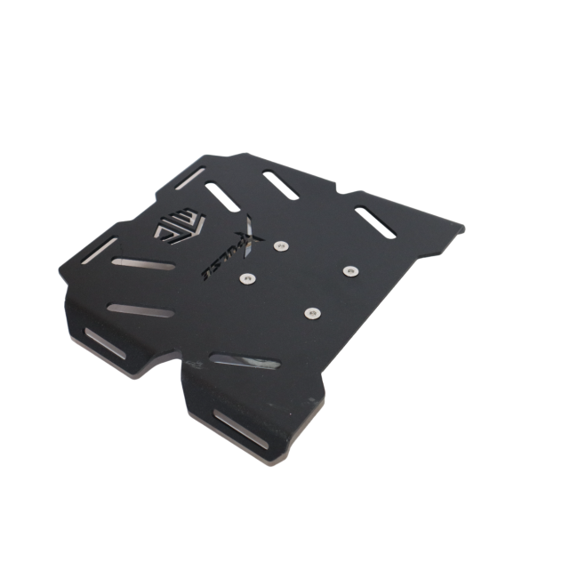 MotoCare CNC carrier plate installed on Hero Xpulse motorcycle rear rack for secure luggage mounting during touring rides