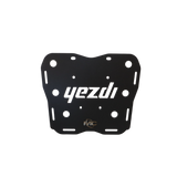 MotoCare CNC carrier plate mounted on Yezdi Adventure motorcycle rear showing heavy duty luggage support and secure mounting system