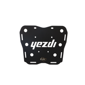 MotoCare CNC carrier plate mounted on Yezdi Adventure motorcycle rear showing heavy duty luggage support and secure mounting system