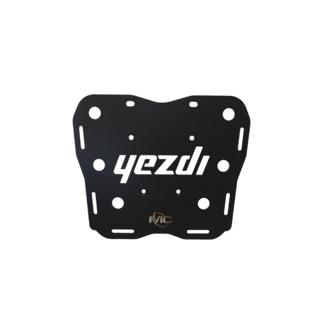 MotoCare CNC carrier plate mounted on Yezdi Adventure motorcycle rear showing heavy duty luggage support and secure mounting system