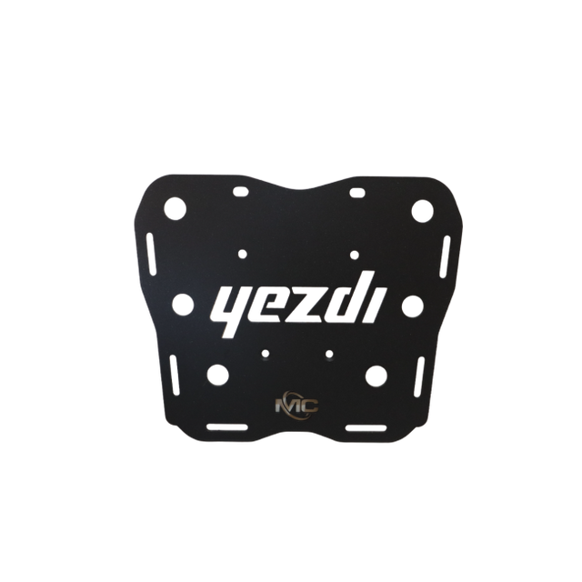 MotoCare CNC carrier plate mounted on Yezdi Adventure motorcycle rear showing heavy duty luggage support and secure mounting system