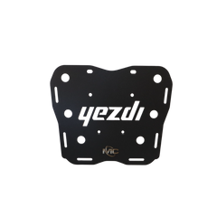 MotoCare CNC carrier plate mounted on Yezdi Adventure motorcycle rear showing heavy duty luggage support and secure mounting system