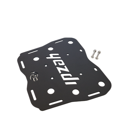 MotoCare CNC carrier plate mounted on Yezdi Adventure motorcycle rear showing heavy duty luggage support and secure mounting system