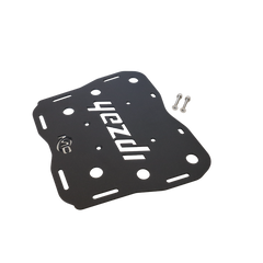 MotoCare CNC carrier plate mounted on Yezdi Adventure motorcycle rear showing heavy duty luggage support and secure mounting system