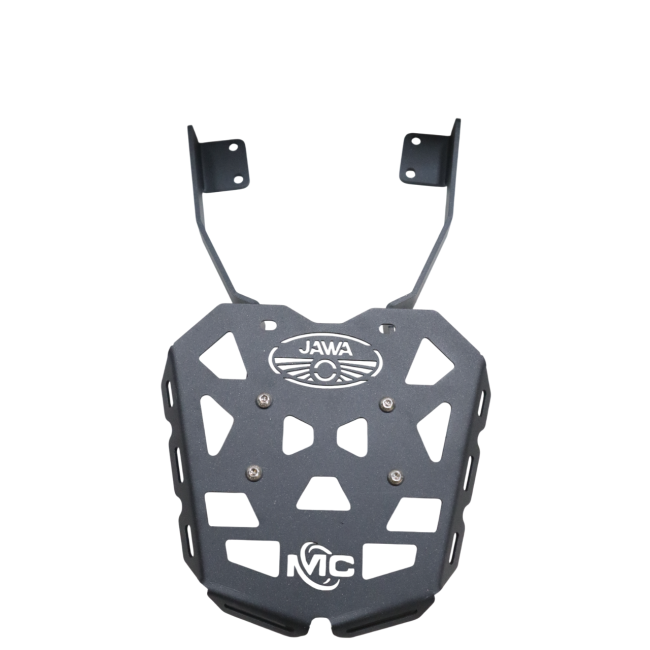 MotoCare CNC rear carrier plate installed on Jawa 42 FJ motorcycle for luggage support and protection