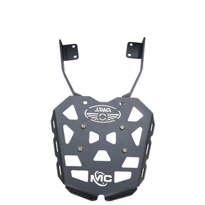 MotoCare CNC rear carrier plate installed on Jawa 42 FJ motorcycle for luggage support and protection
