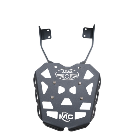 MotoCare CNC rear carrier plate installed on Jawa 42 FJ motorcycle for luggage support and protection