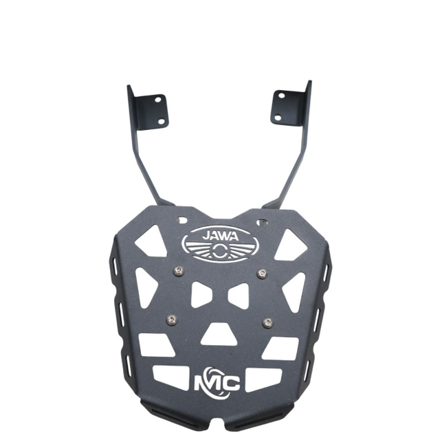 MotoCare CNC rear carrier plate installed on Jawa 42 FJ motorcycle for luggage support and protection