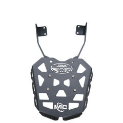MotoCare CNC rear carrier plate installed on Jawa 42 FJ motorcycle for luggage support and protection