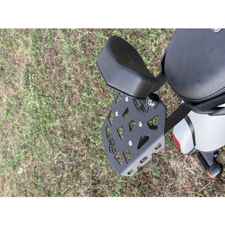 MotoCare CNC rear carrier plate installed on Jawa 42 FJ motorcycle for luggage support and protection