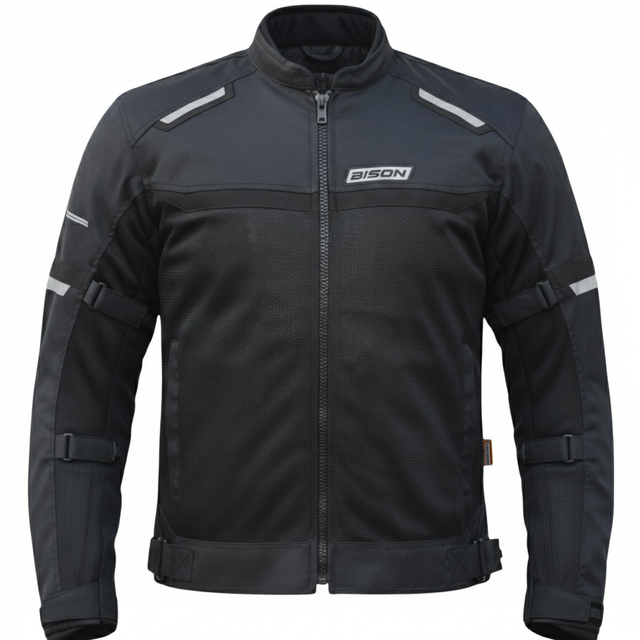 Bison ProGear COMET Black Black motorcycle riding jacket front view

