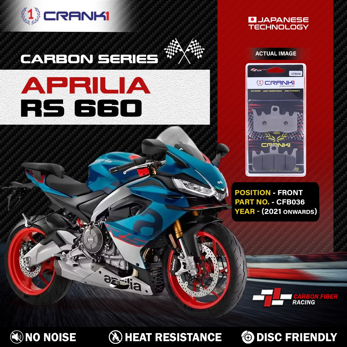CRANK1 CFB036 Carbon Brake Pads Front For Aprilia RS 660 2021 Onwards Motorcycle