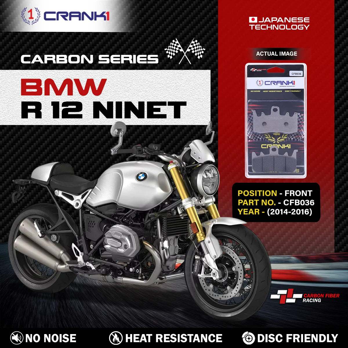 CRANK1 CFB036 carbon brake pads for BMW R 12 nineT 2014-2016 front brake